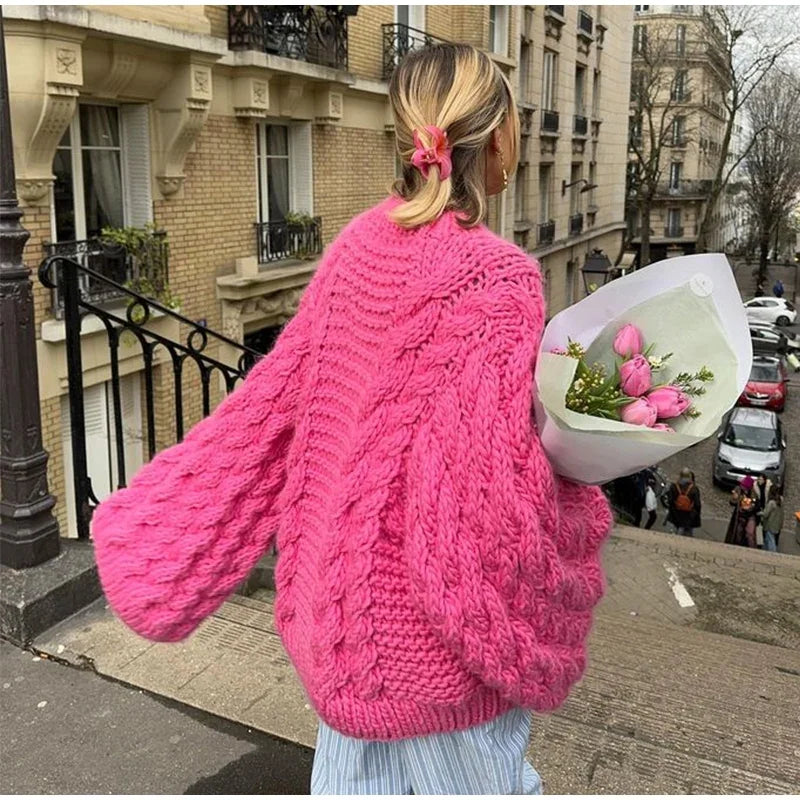 Turtleneck Knitted Oversize Pullover Twist Long Lantern Sleeve Sweater