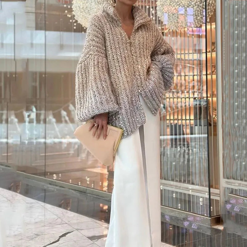 Full Long Sleeves Knitted Sequin V-Neck Sweater