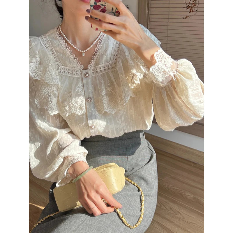 Lace Lolita Elegant Long Sleeve Flounce Blouse