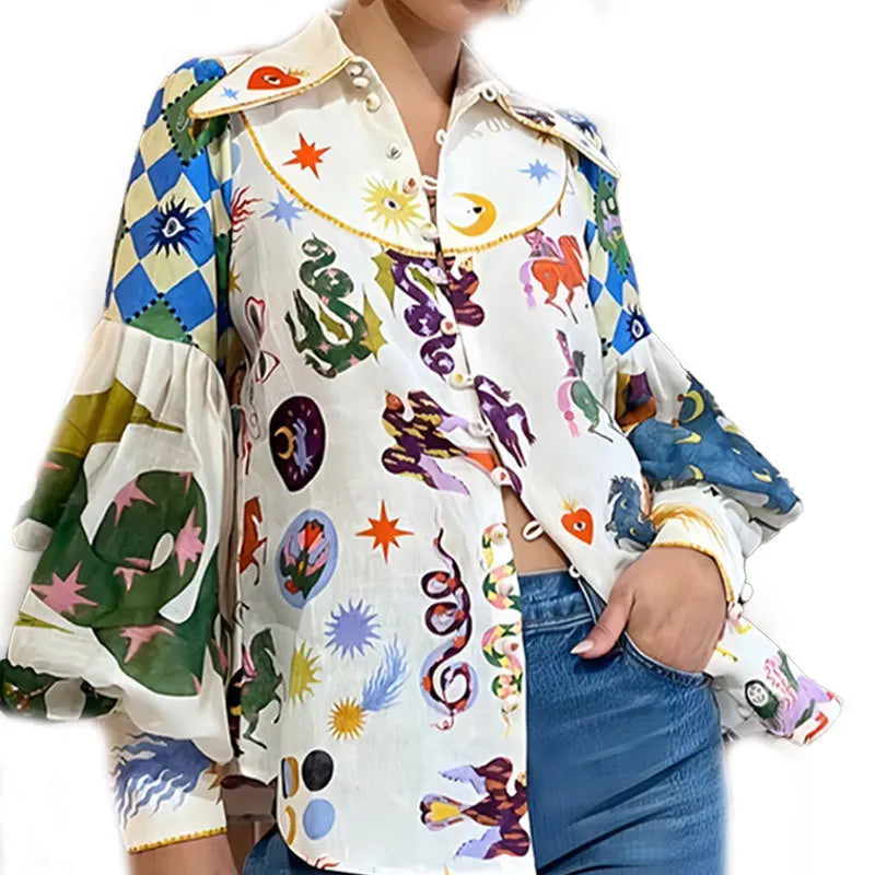 Bold Print Single Buttoned Lantern Sleeve Shirt