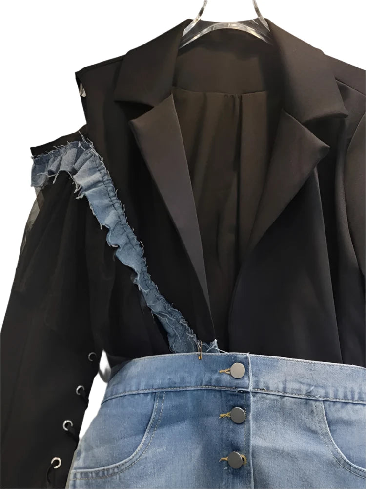 Denim Patchwork Single Buttoned Elastic Waist Blazer