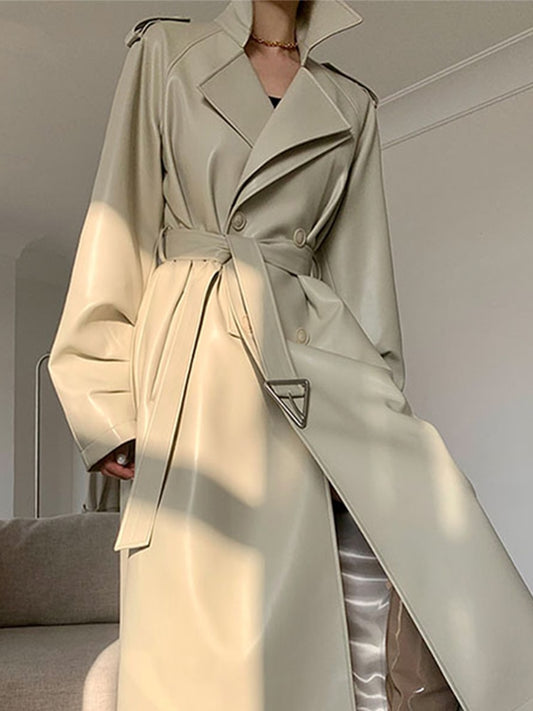 Double Buttoned Long Faux Leather Trench Coat
