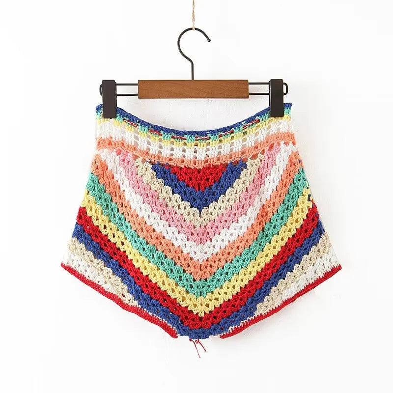 Boho Rainbow Striped Knitted Shorts Set Deep V-neck Wrap Blouse Crop Top Shorts Suit