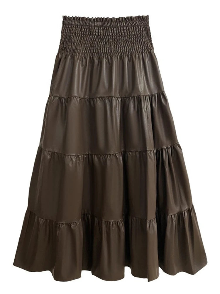 High Elastic Waist Coffee Pu Leather Pleated Long Skirt