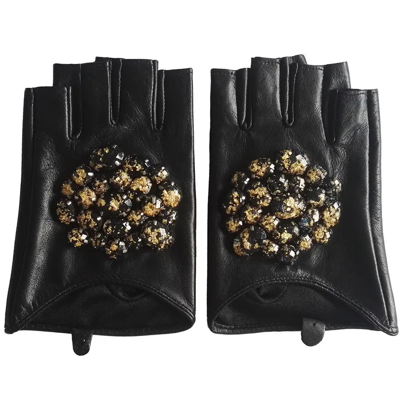 Black Genuine Goatskin Fingerless Gloves