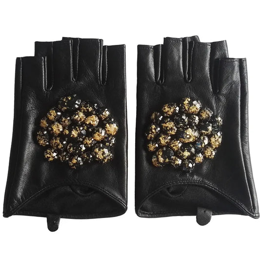 Black Genuine Goatskin Fingerless Gloves