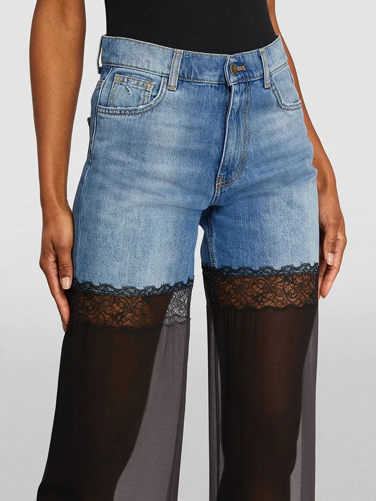 Lace Denim High Waist Wide Leg Jeans