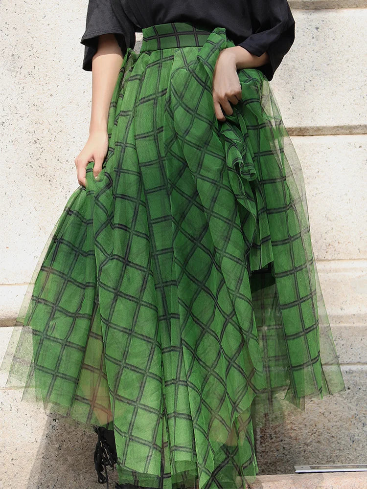 Green Plaid Print Asymmetric Elastic Waist A-line Mid-calf Skirt