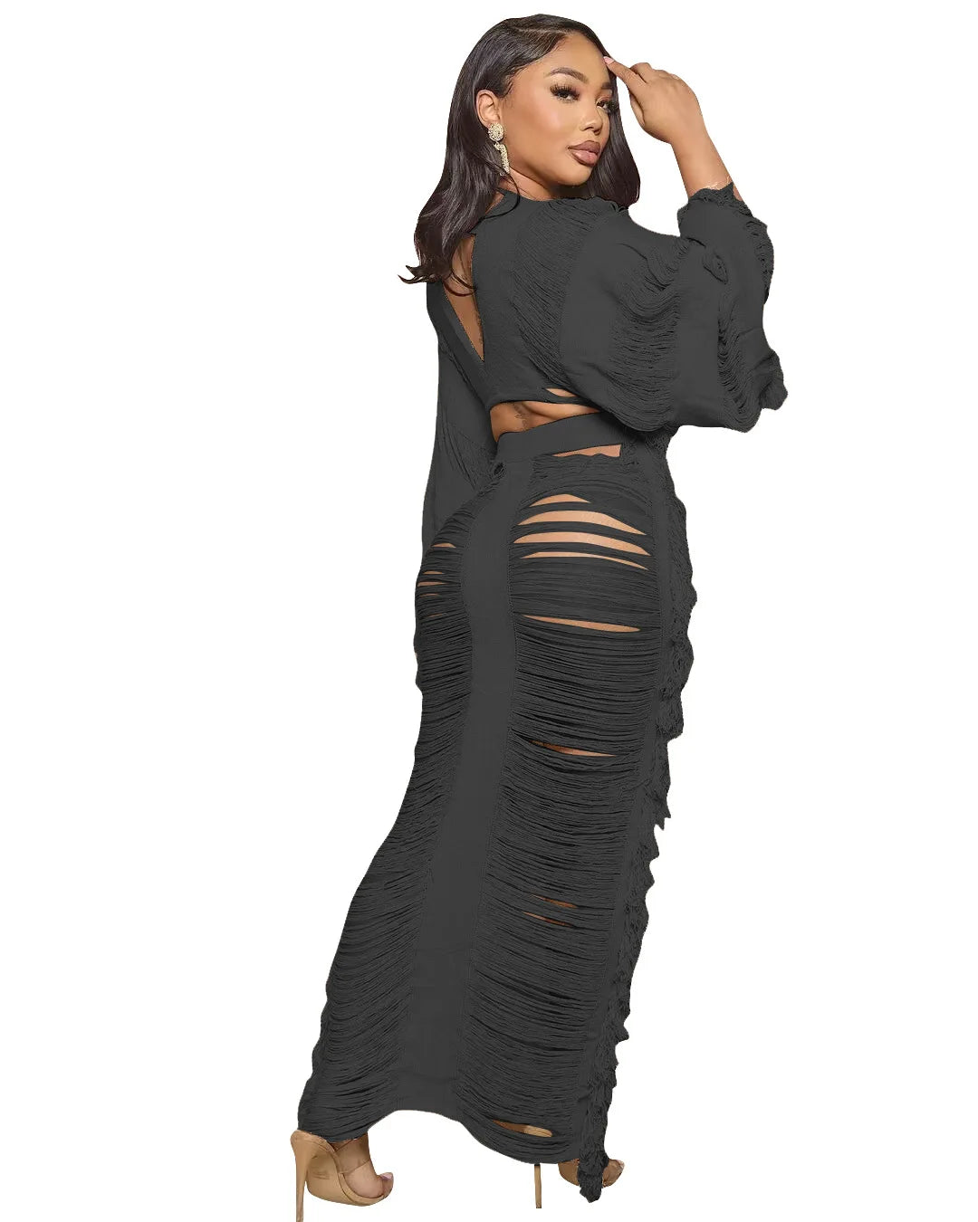 Two Piece Knitted Cut Out Long Sleeve Crop Top Elastic Waist Long Skirt