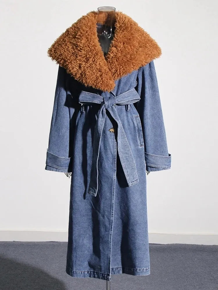 Lace Up Denim Fake Fur Collar Long Trench Coat