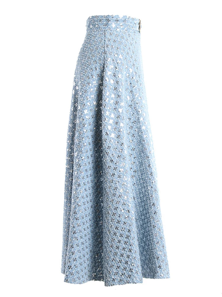 Denim Sequined Embroidery A Line Skirt