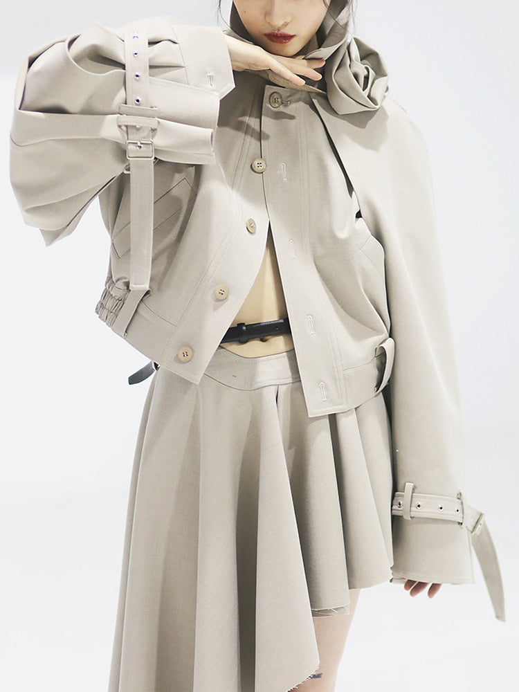 Elegant Long Sleeve Belted Loose Short Coat