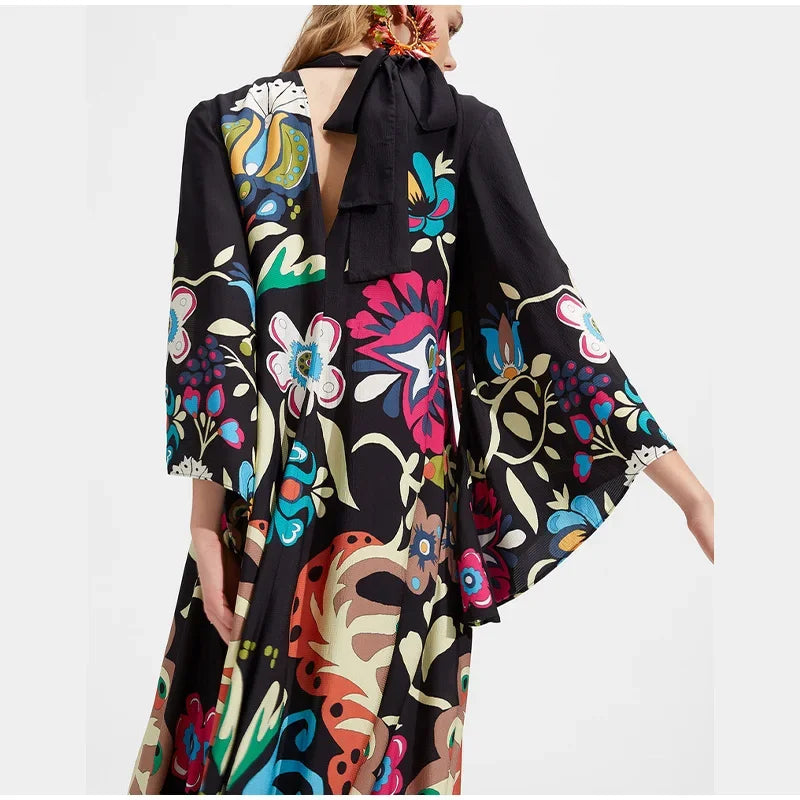 Bold Print  Loose Long V Neck Long Sleeves Maxi Dress