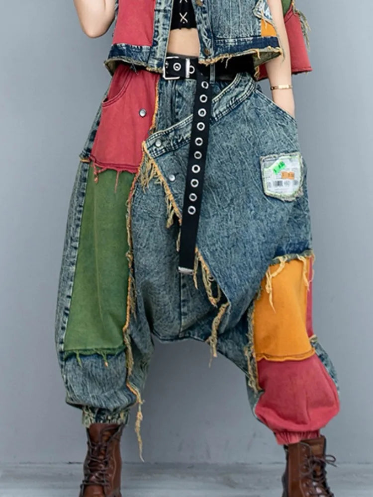 Patchwork Denim Harem Pants