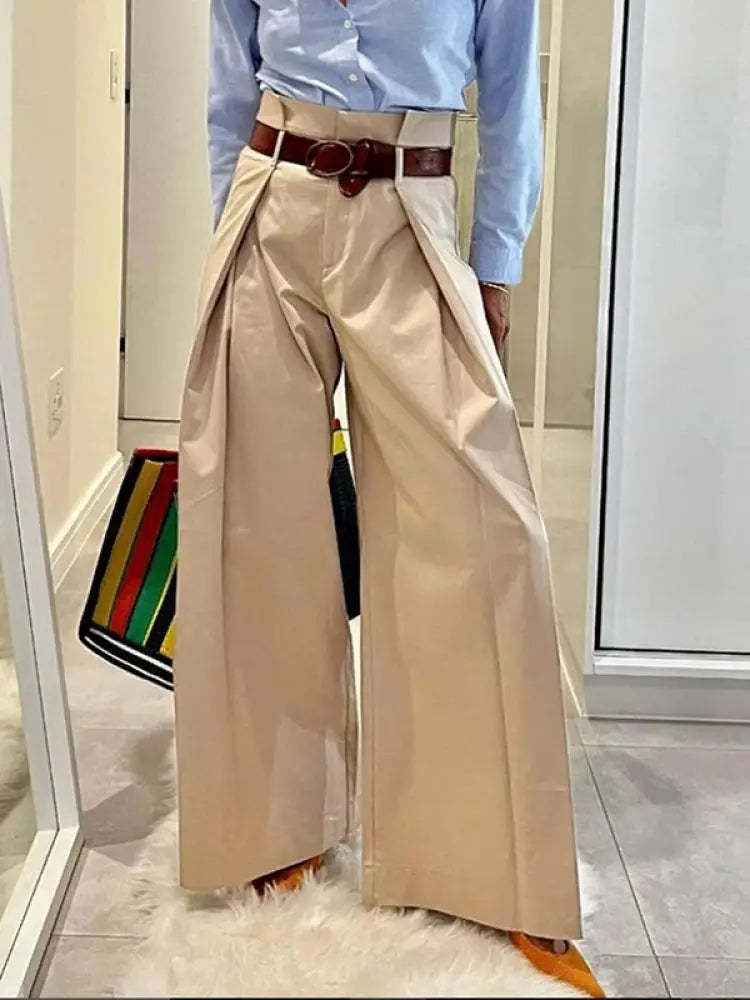 Solid High Waist Wide Leg Trousers