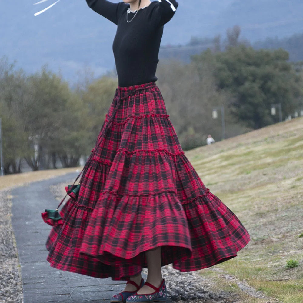 Cotton Skirts Plaid A-line Elastic Waist Irregular Skirt