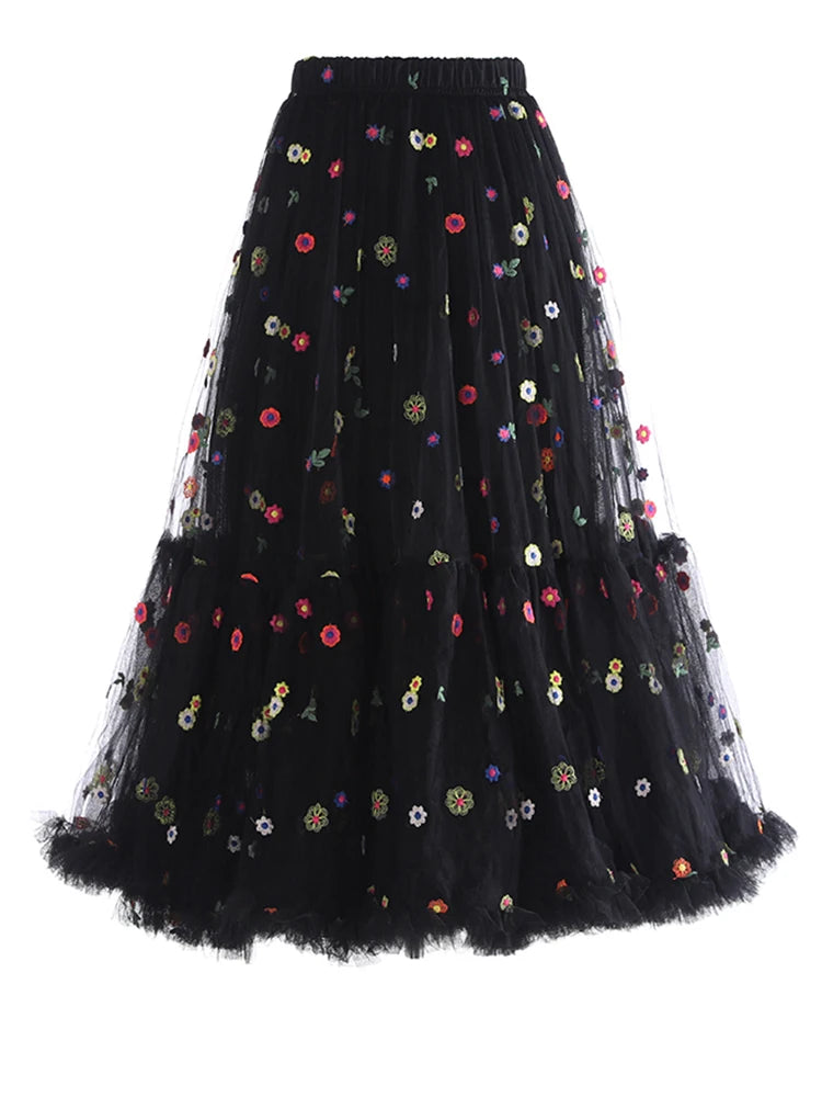 Black Flower Dot Mesh Long A-line Skirt