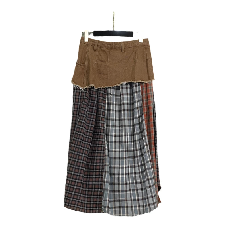 Denim Skirt Patchwork Khaki Plaid A-line Long Skirt