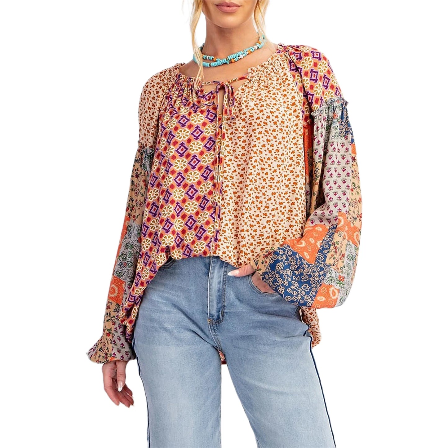 Floral Print Patchwork Long Sleeve Boho Loose Blouse