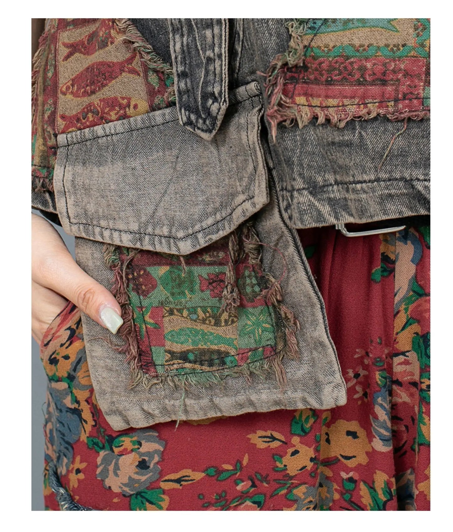 Printed Denim Suspender Vest + Wide Leg Pants Set