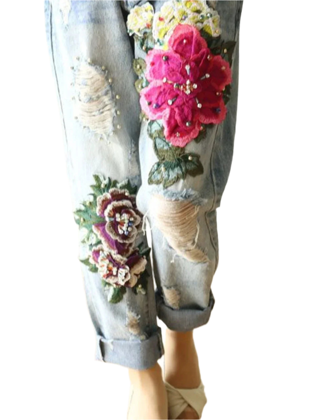 Floral Embroidery Pocket Denim Harem Pants