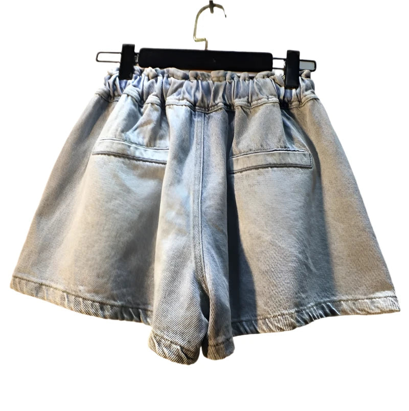 Denim Shorts Rhinestone Drawstring High Waist Wide Leg Short Jeans