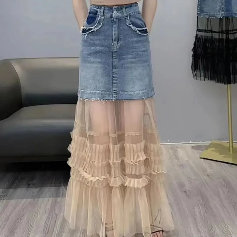 Patchwork Mesh Denim Skirt