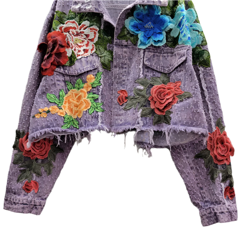 Embroidery Flowers Purple Frayed Denim Short Jeans Jacket