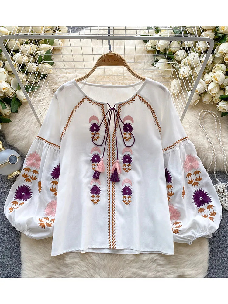 Vintage Long Sleeve Embroidered Loose Blouse