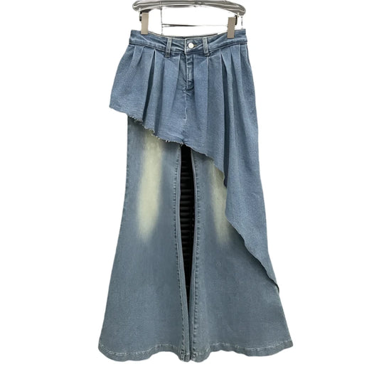 Irregular Skirt Fake 2 Pcs Denim Flare Pants