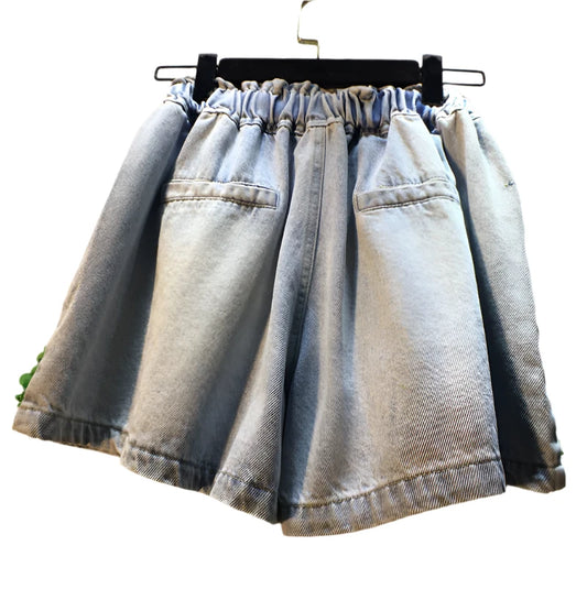 Denim Green Sequins Diamonds Elastic Waist Loose Wide Leg Short Jeans