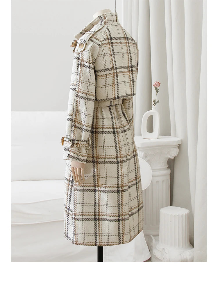 Long Plaid Wool Raglan Sleeve Belt Double Breasted Trench