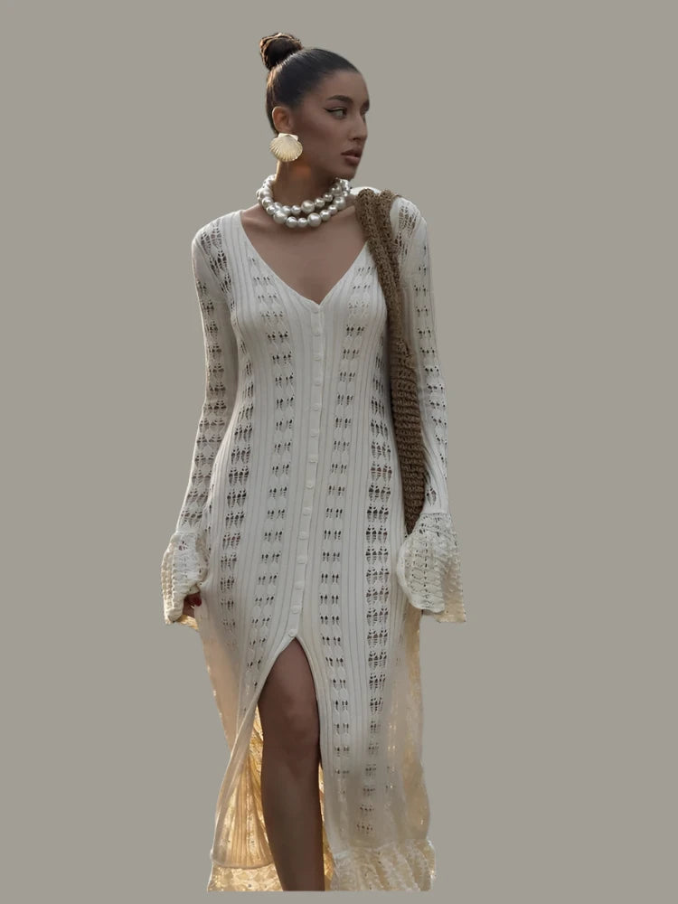 Knitted Long Sleeve Long Flare Dress