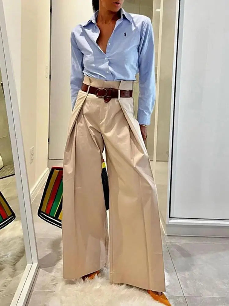 Solid High Waist Wide Leg Trousers