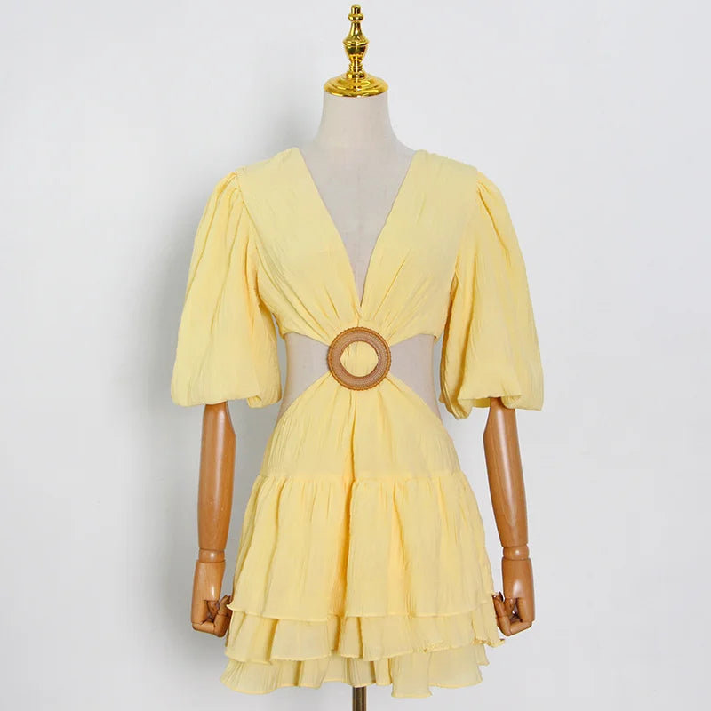 V Neck Lantern Half Sleeve Cut Out High Waist Mini Dress
