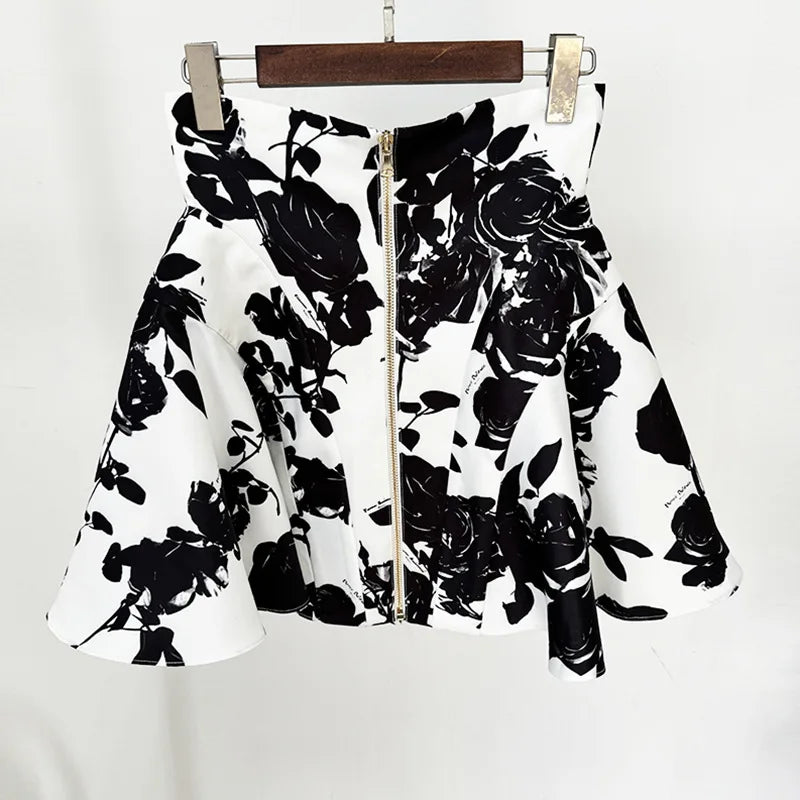 Waist Rose Printed Metal Buckle Printed Zipper Mini Skirt