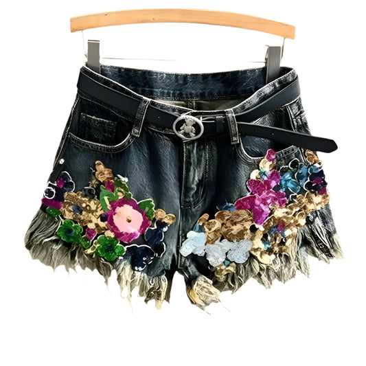 Sequin Floral Print Denim Shorts