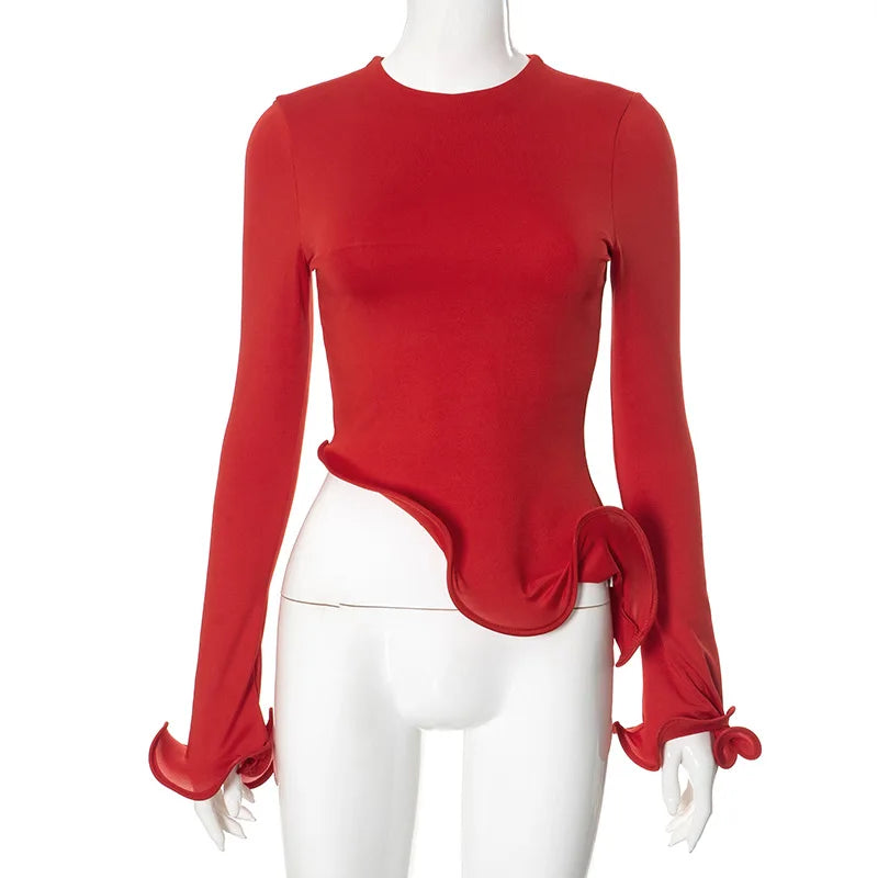 Long Sleeve Slim Mini Red Irregular Ruffles Crop Top