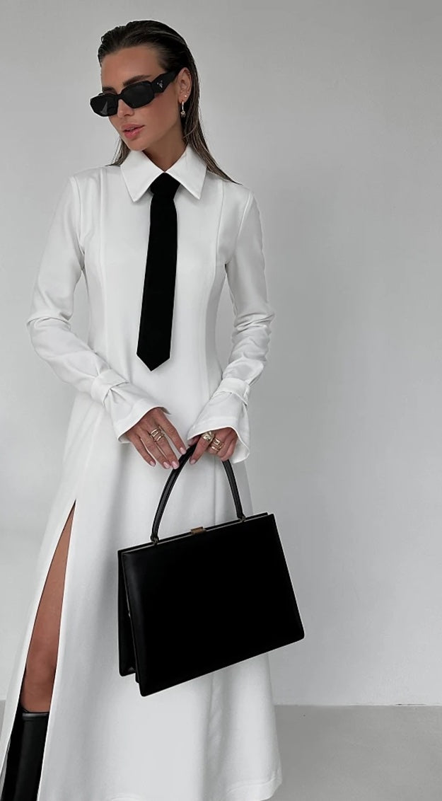 Slim White Long Sleeve Ankle Length Side Split Dress
