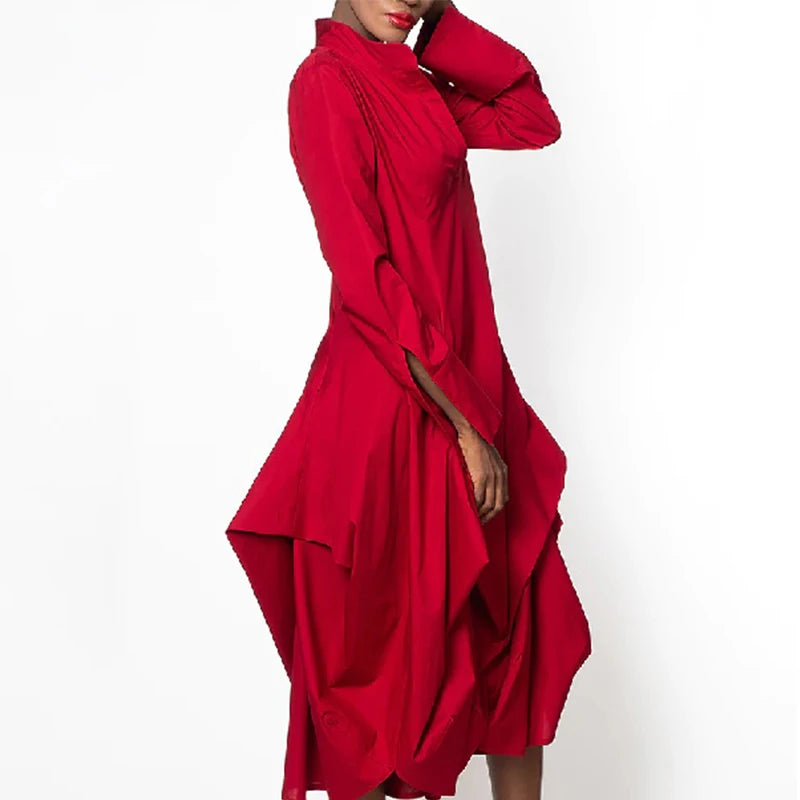 Red Long Sleeves Stand-Collar Loose Dress