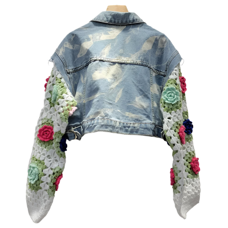 Denim Patchwork Knitted Flowers Sleeve Pocket Short Jacket