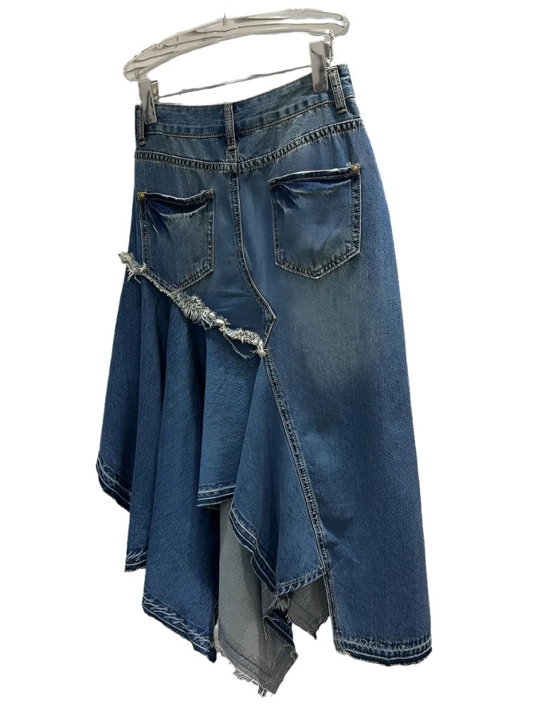 Denim Patchwork Pleated Irregular Split Denim Skirts