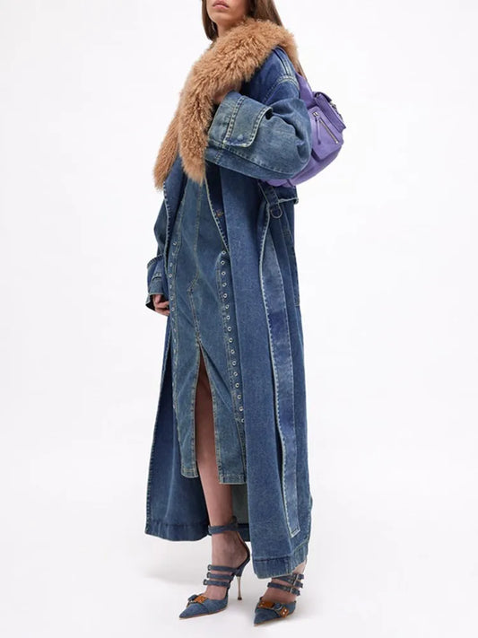 Lace Up Denim Fake Fur Collar Long Trench Coat