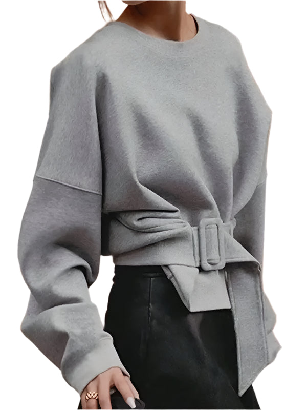 Gray Belt Buckle Round Neck Long Sleeves Pullover