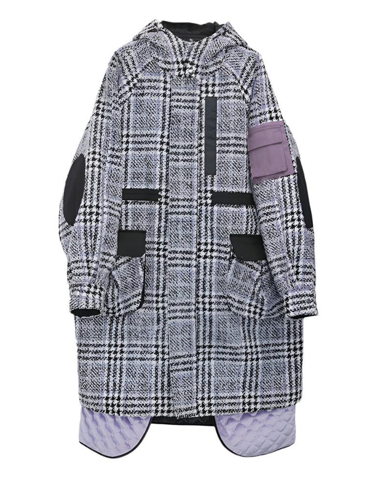 Hooded Wool Detachable Plaid Coat