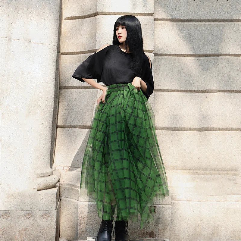 Green Plaid Print Asymmetric Elastic Waist A-line Mid-calf Skirt