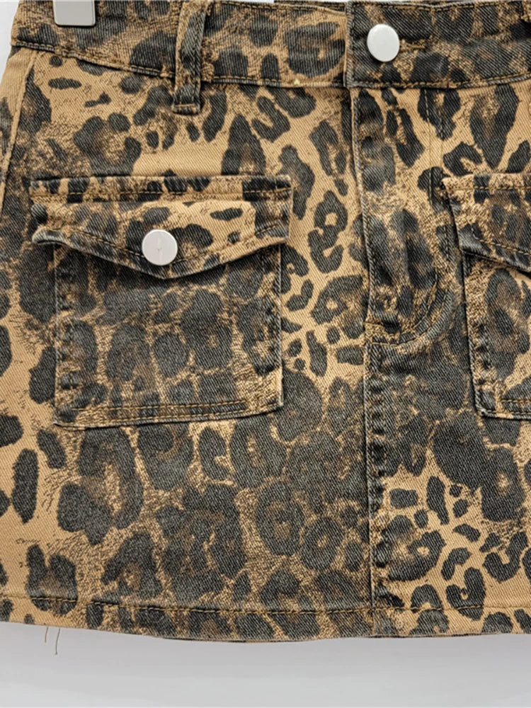 Denim Leopard Printed Pockets  A-line Mini Skirts