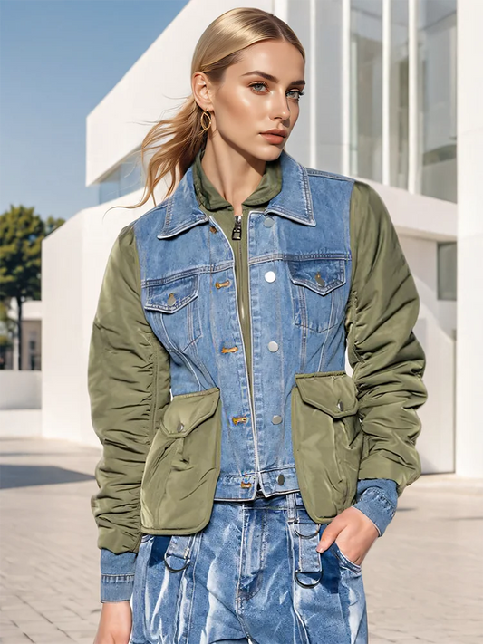 Patchwork Denim Turn-down Collar Long Sleeve Short Jacket