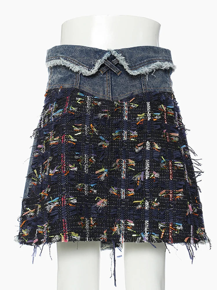 Blue Denim Ribbon Tassels Tweed Mini  Skirt