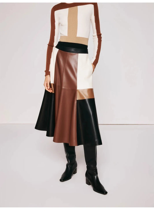 Color Block Patchwork Soft Pu Leather Skirt